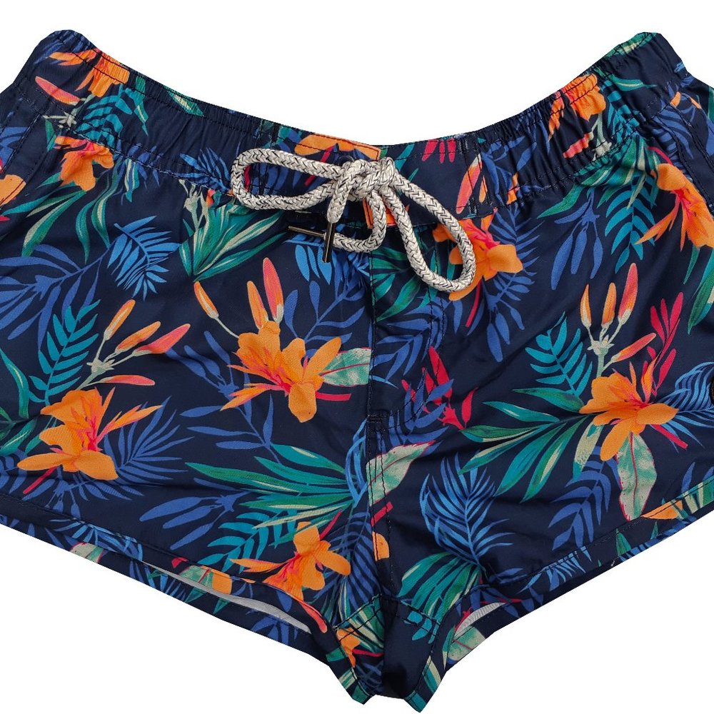 Navy tropical floral womens swim trunks